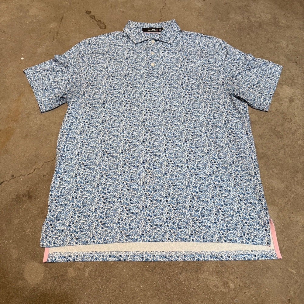 RLX Ralph Lauren Polo Shirt Mens L Blue Floral Print Short Sleeve Golf Tee